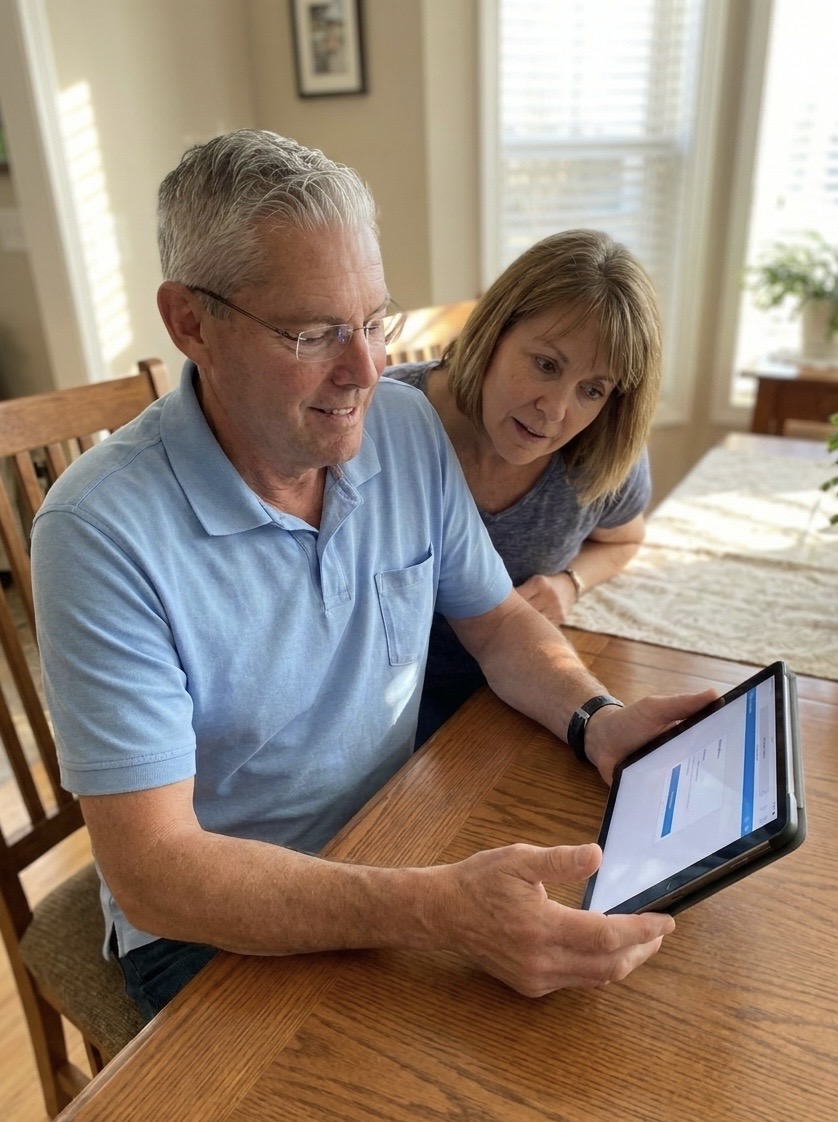 Steve sharing a tablet with a client at a dining table